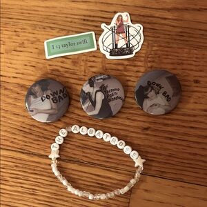 Taylor Swift 3 official TTPD pins & friendship bracelet.